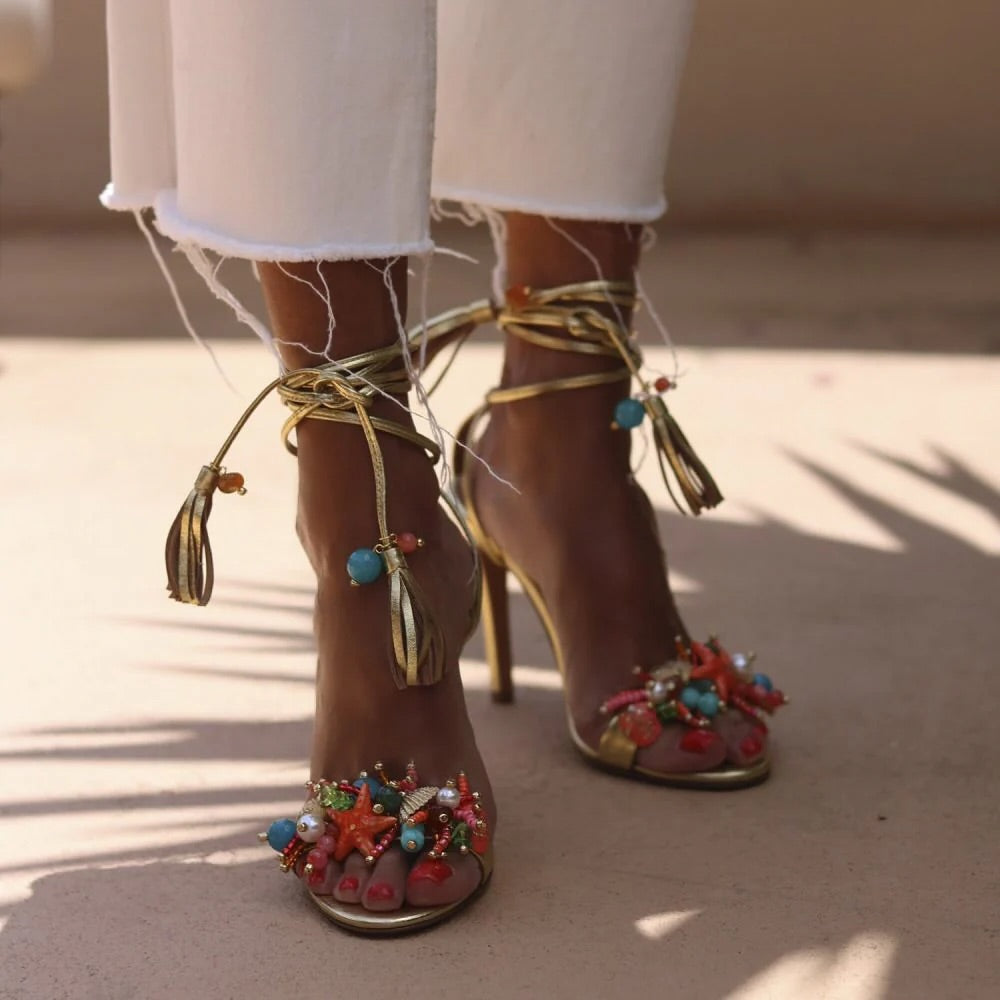 Vacation Style Shell Gold Heeled Sandals