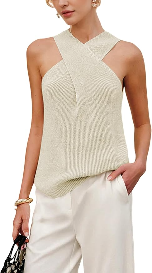 Halter Cross Over Collar Tank Knit Sleeveless Top