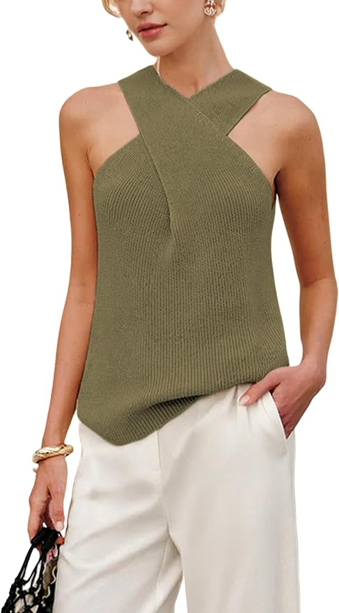 Halter Cross Over Collar Tank Knit Sleeveless Top