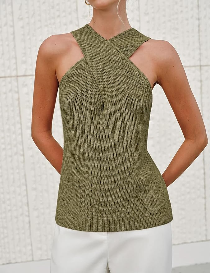 Halter Cross Over Collar Tank Knit Sleeveless Top