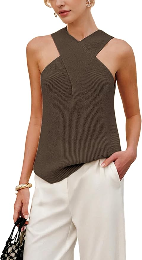 Halter Cross Over Collar Tank Knit Sleeveless Top
