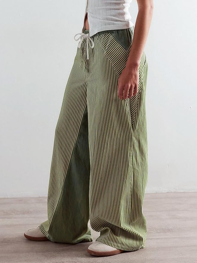 Striped Pull On Drawstring Boho Wide Leg Jeans