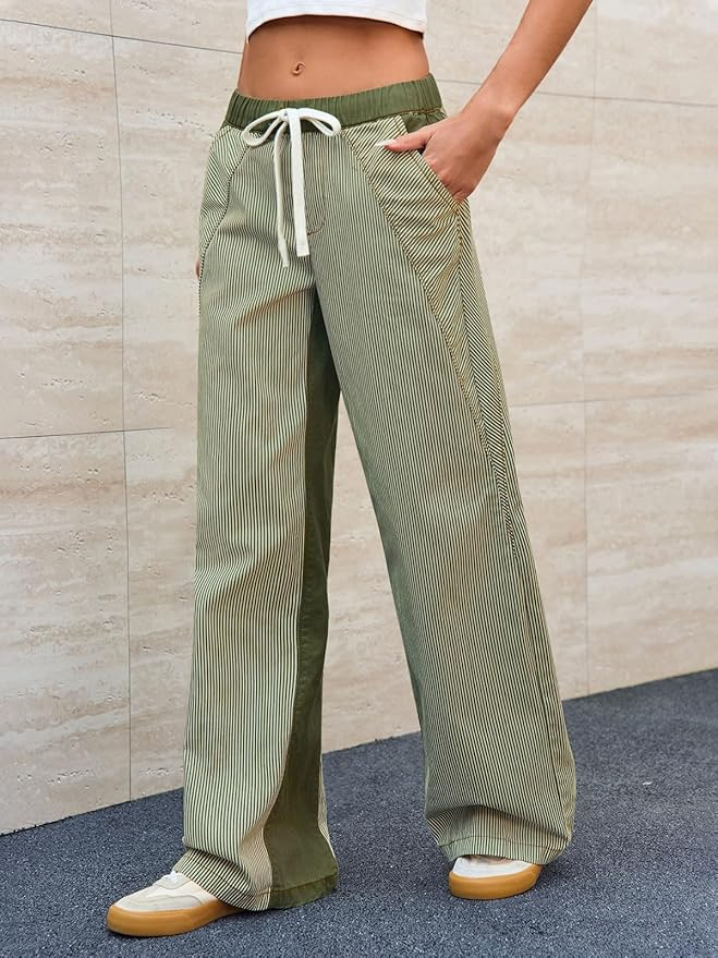 Striped Pull On Drawstring Boho Wide Leg Jeans