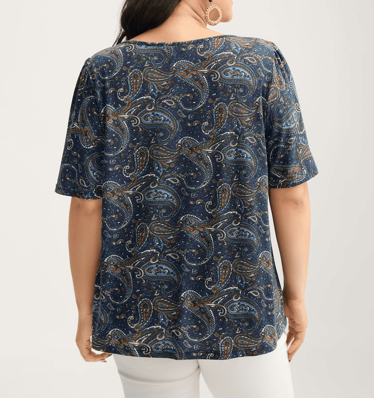 Print Neck Cut-Out Pleated Top+Drawstring Ruffled Shorts