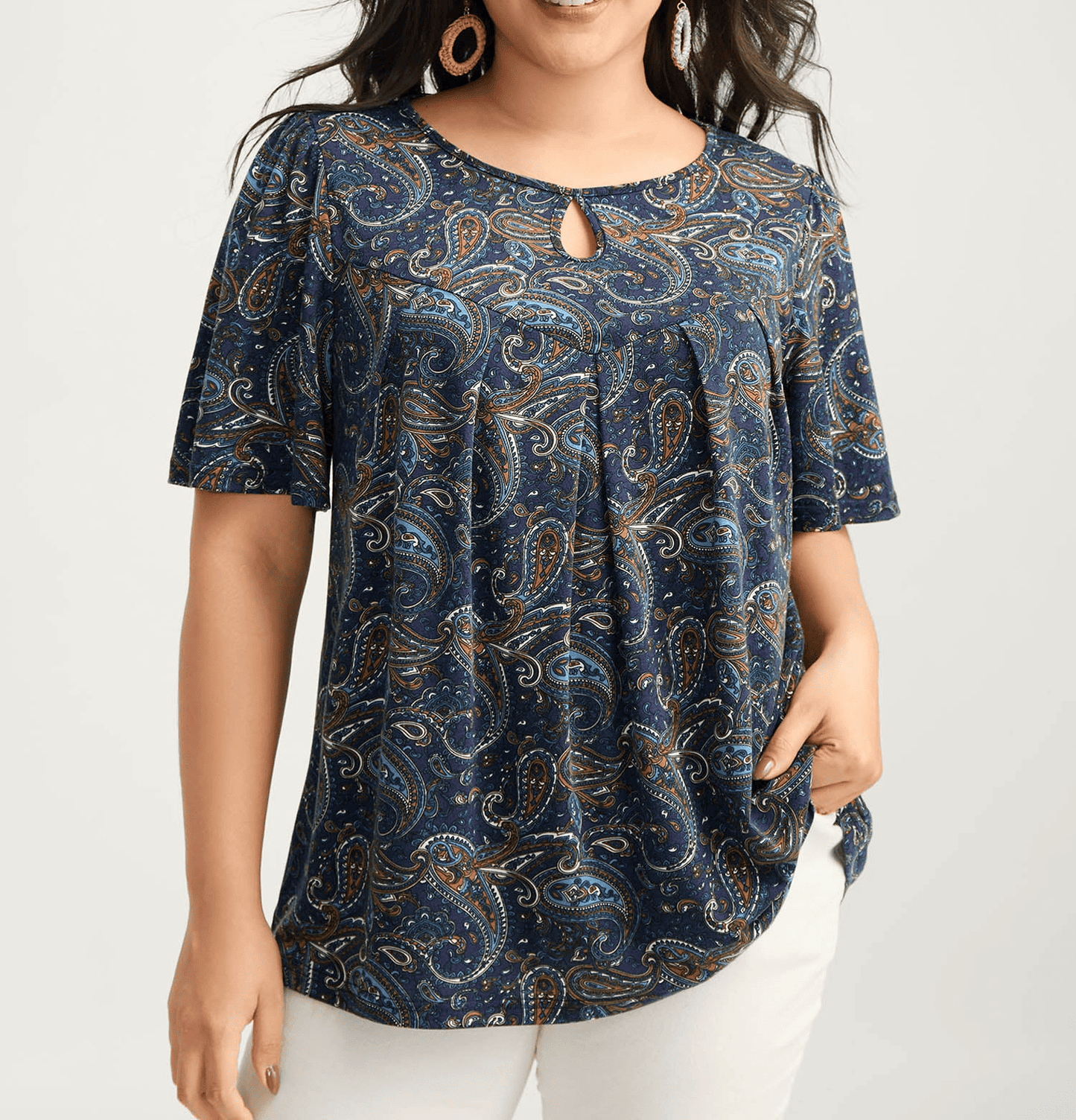 Print Neck Cut-Out Pleated Top+Drawstring Ruffled Shorts