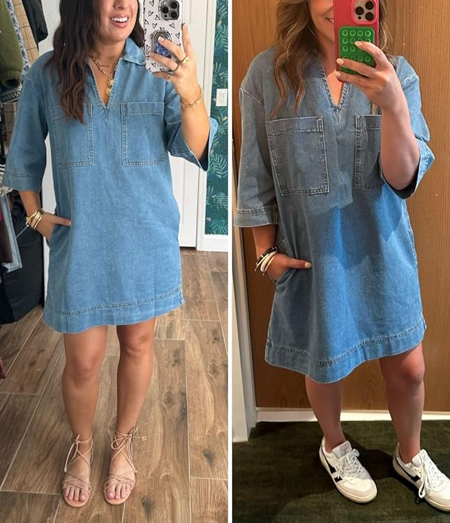 V Neck Mini Casual Jean Dresses