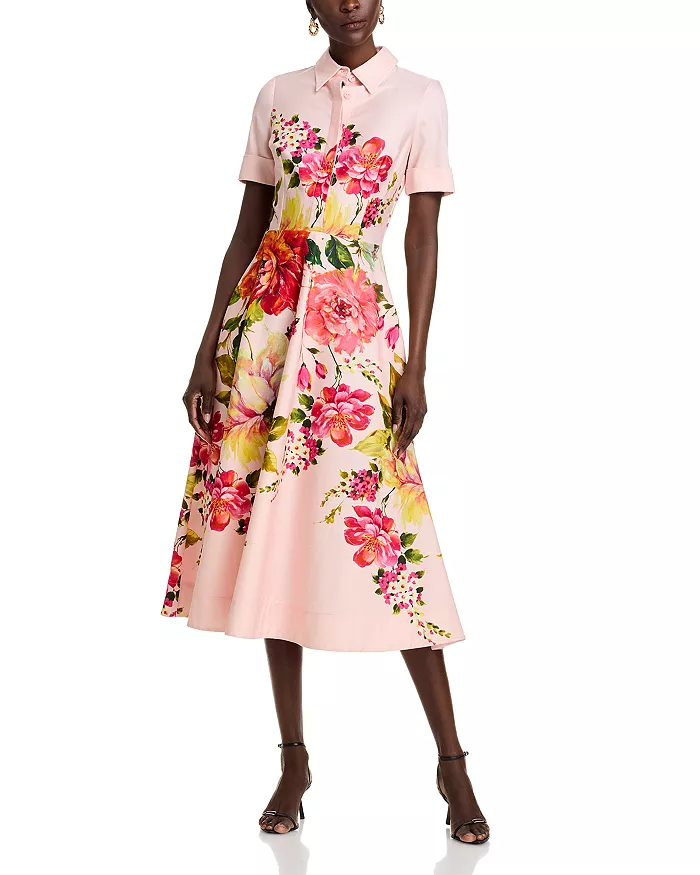 Bold Floral Print Shirt Midi Dress