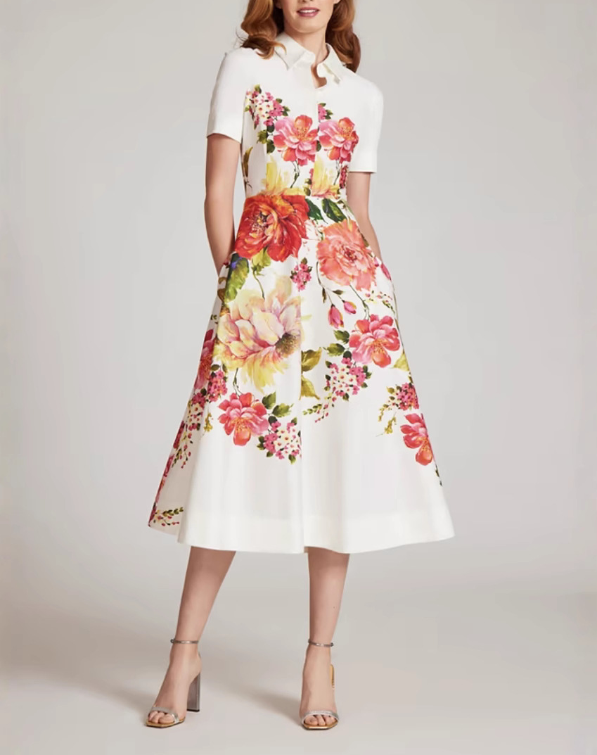 Bold Floral Print Shirt Midi Dress