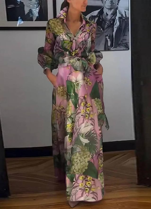 V Neck Floral Maxi Dress with Belt