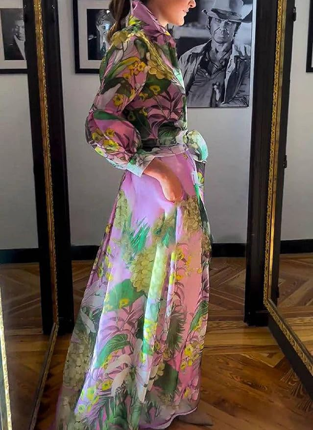 V Neck Floral Maxi Dress with Belt