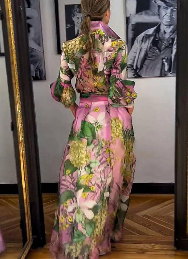 V Neck Floral Maxi Dress with Belt