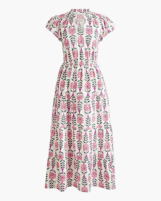 Printed V-neck Puff-Sleeve Maxi Dress
