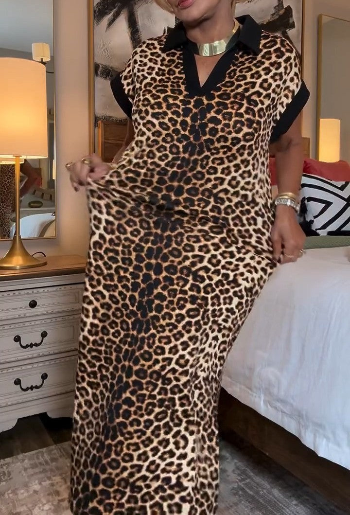 Short Sleeve Animal Print Maxi Dress