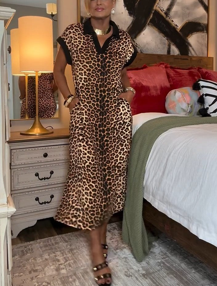 Short Sleeve Animal Print Maxi Dress