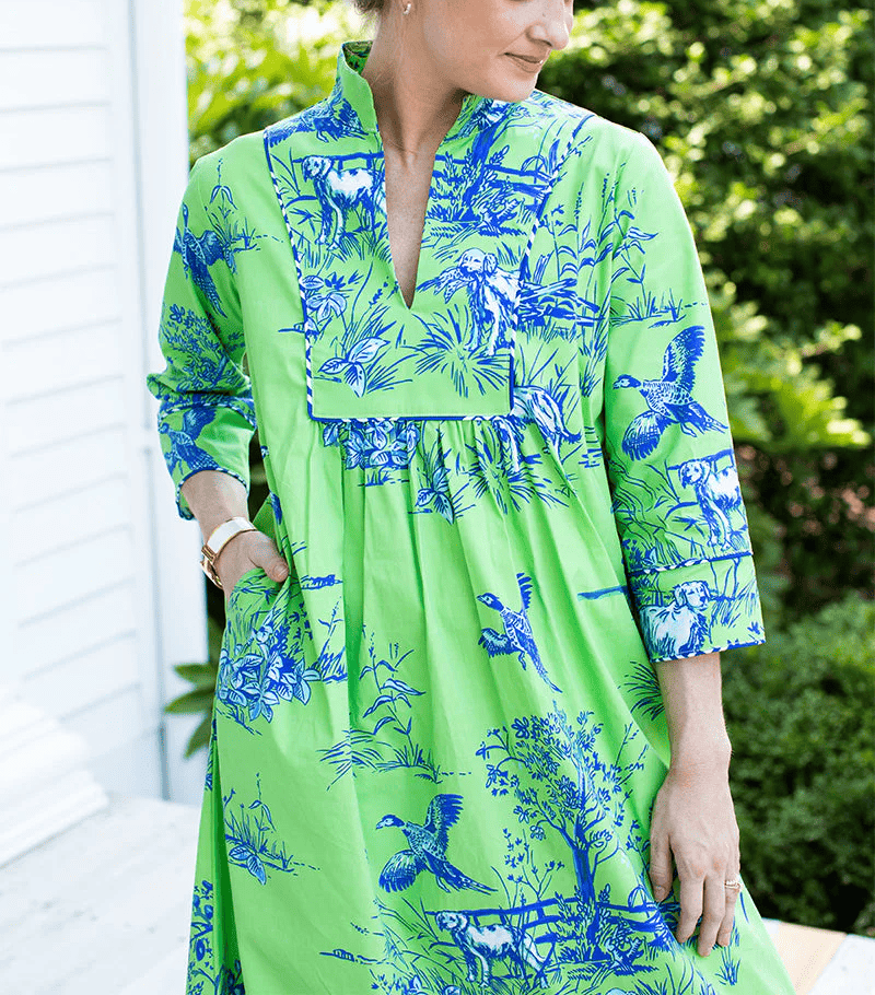 V-neck Green Printed Dress With Belt