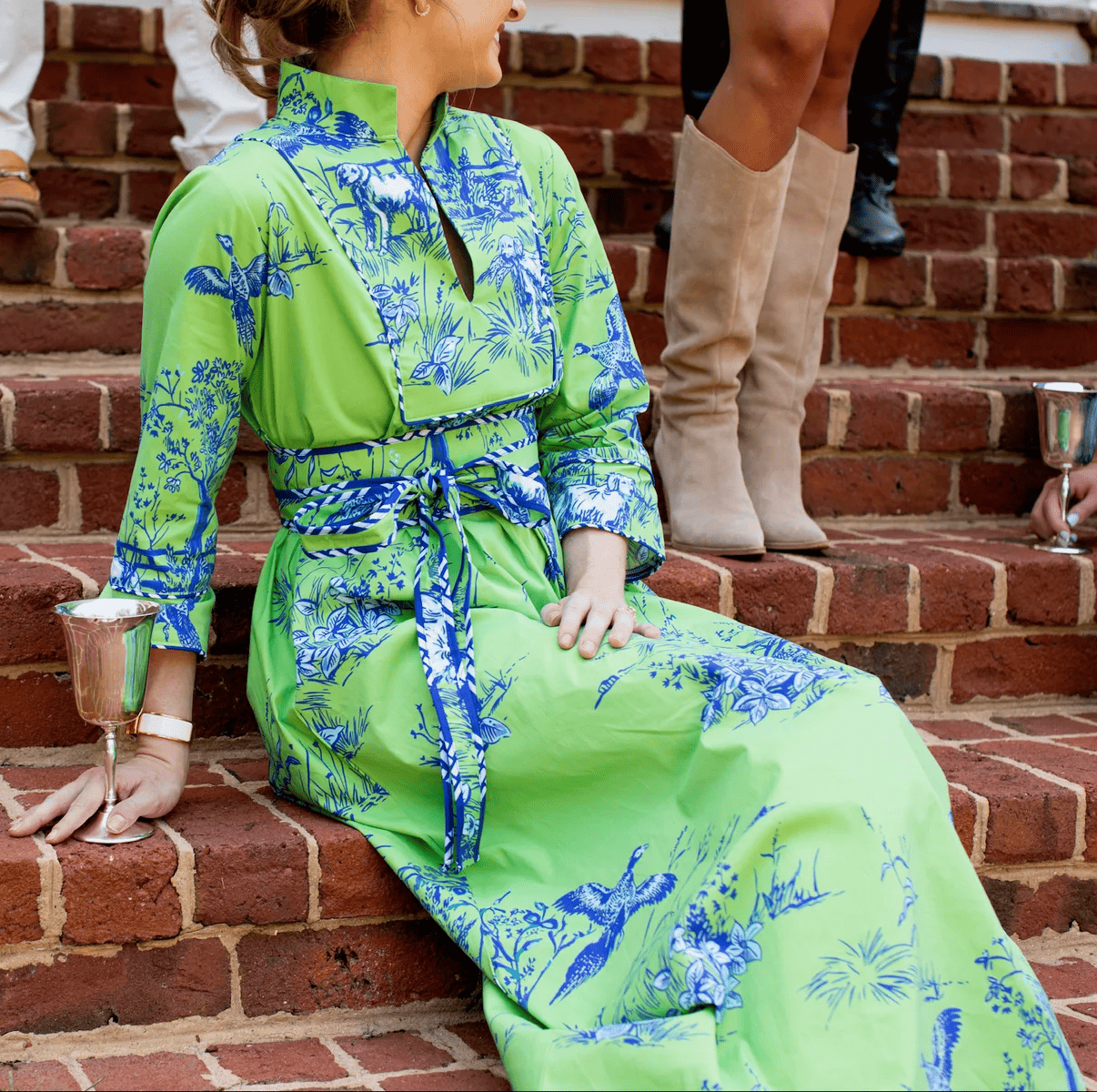 V-neck Green Printed Dress With Belt