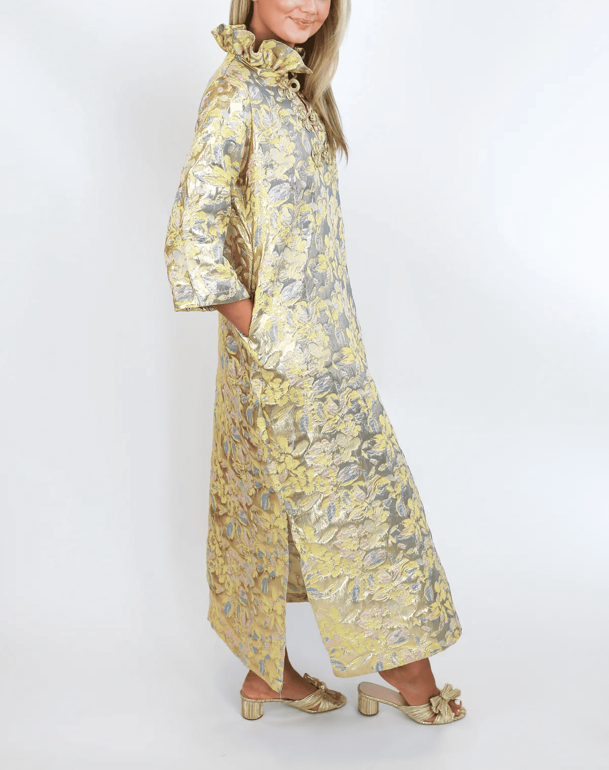 Golden High-Neck Printed Embroidered Dress