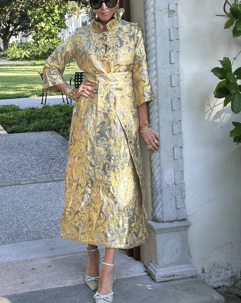 Golden High-Neck Printed Embroidered Dress