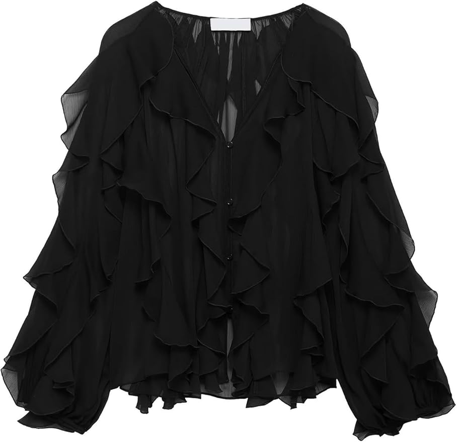 V Neck See Through Chiffon Ruffled Tops