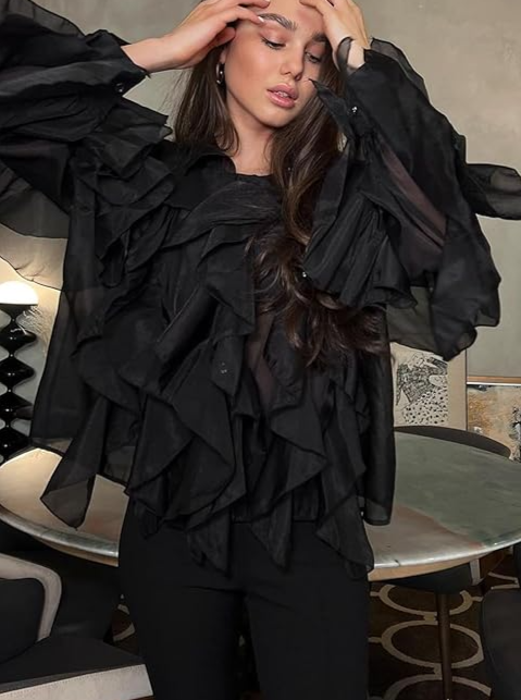 V Neck See Through Chiffon Ruffled Tops