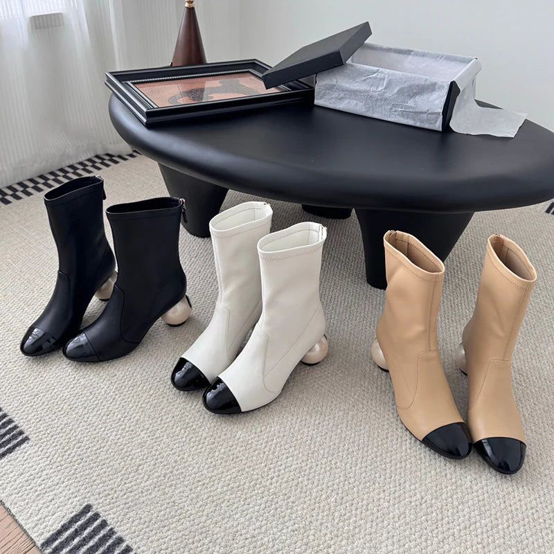 Color-Blocked Pearl Ball Heel Boots