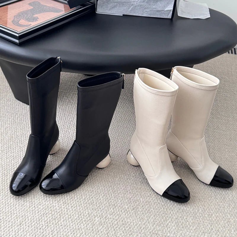 Color-Blocked Pearl Ball Heel Boots