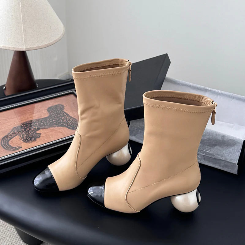 Color-Blocked Pearl Ball Heel Boots