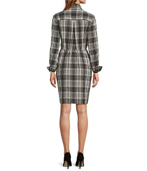 Button-Front Long Sleeve Tie Shirt Dress