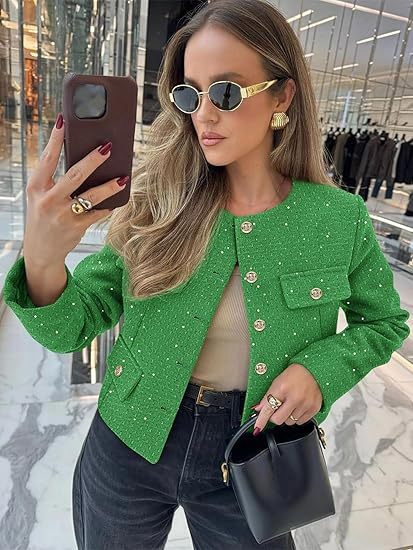 Collarless Button Sequin Cropped Jackets