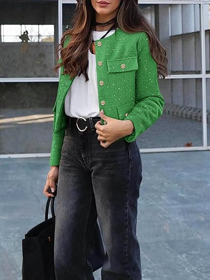 Collarless Button Sequin Cropped Jackets