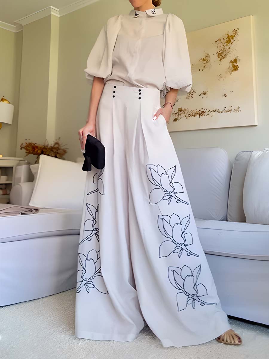 Fashion Printed Wide Leg Two Pieces Set