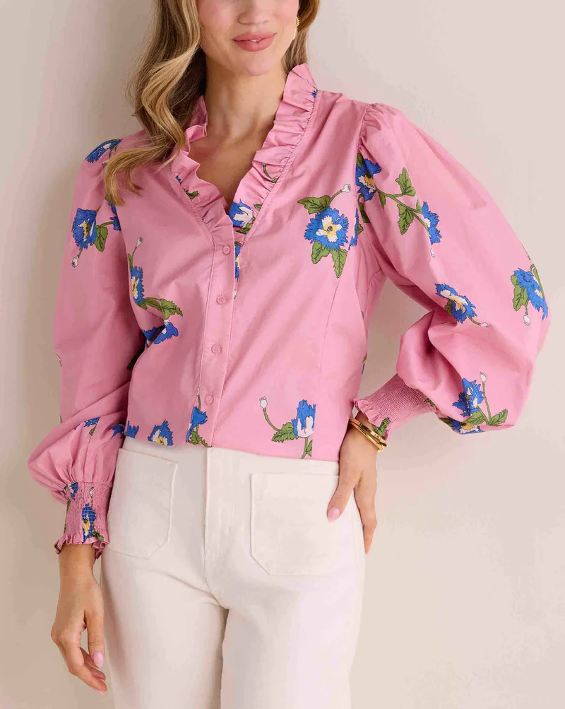 V-neck Pink Floral Blouse