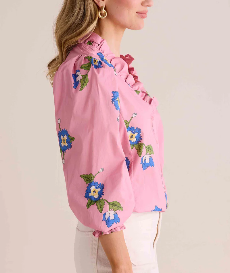 V-neck Pink Floral Blouse