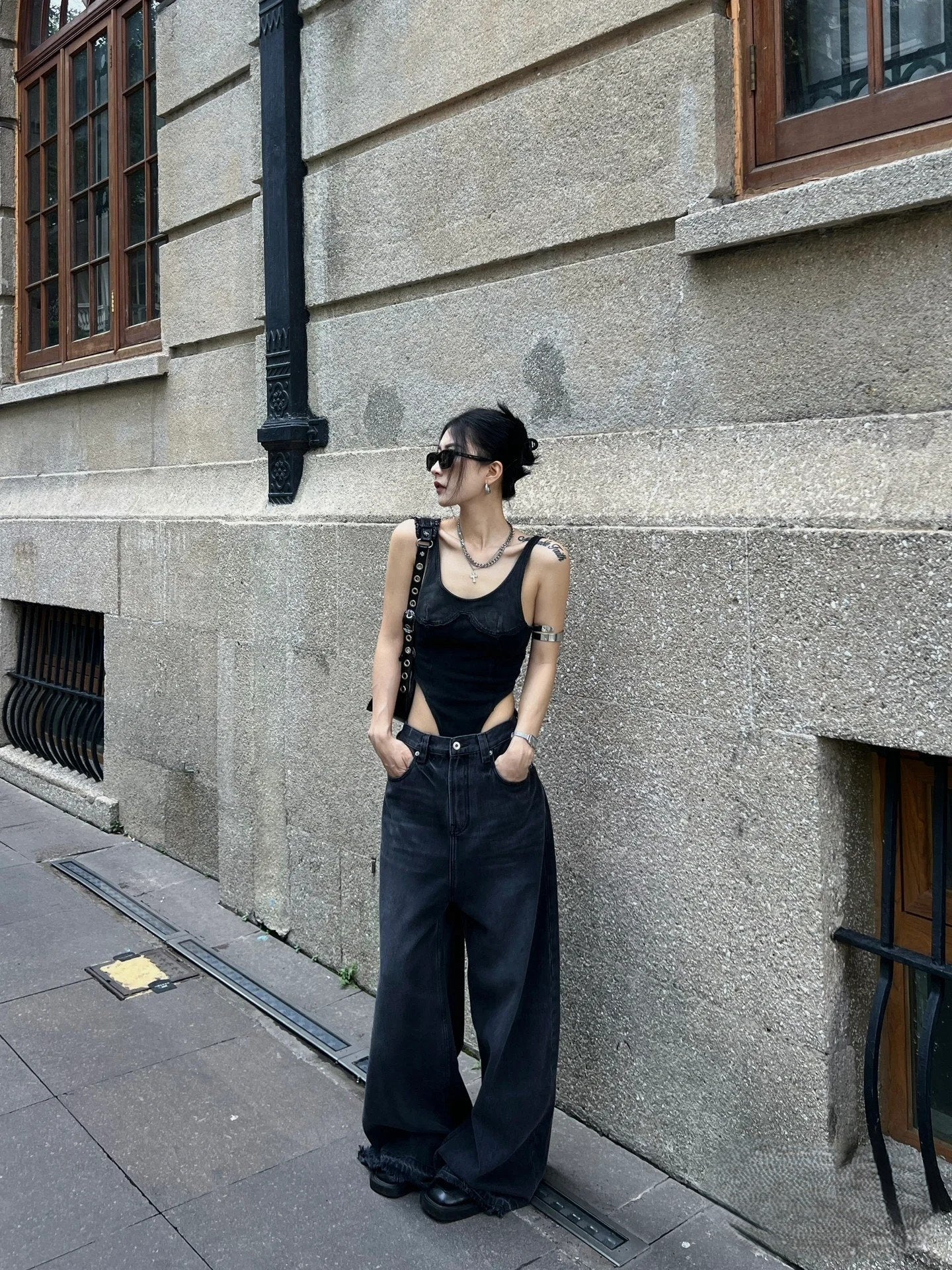High Waisted Wide Leg Jeans Dark Blue