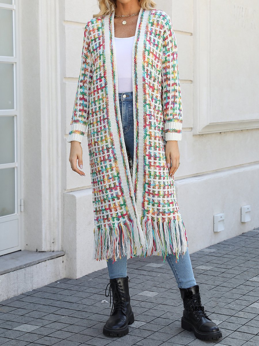 Fringed Knit Open Front Cardigan