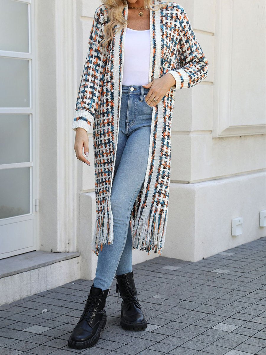 Fringed Knit Open Front Cardigan