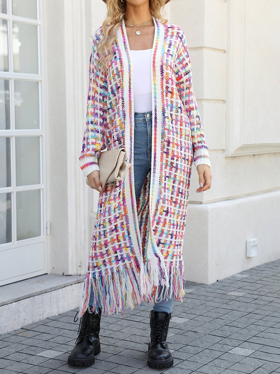 Fringed Knit Open Front Cardigan