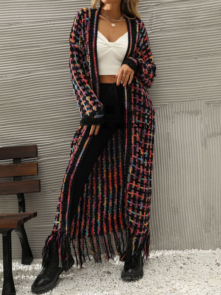 Fringed Knit Open Front Cardigan