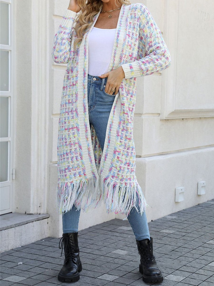 Fringed Knit Open Front Cardigan