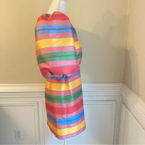 Bright Colorful Stripe Puff Sleeve Square Neckline Mini Dress