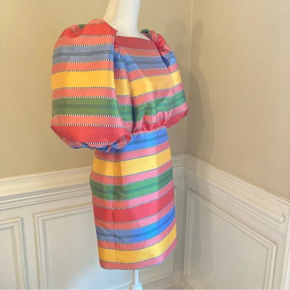 Bright Colorful Stripe Puff Sleeve Square Neckline Mini Dress