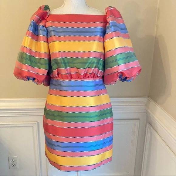 Bright Colorful Stripe Puff Sleeve Square Neckline Mini Dress
