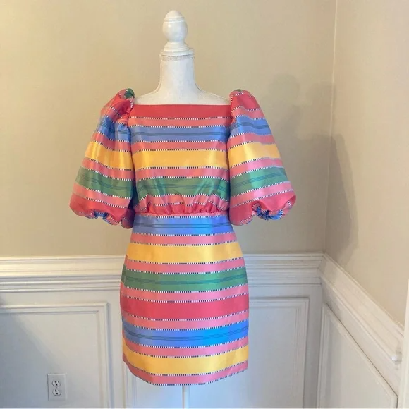 Bright Colorful Stripe Puff Sleeve Square Neckline Mini Dress
