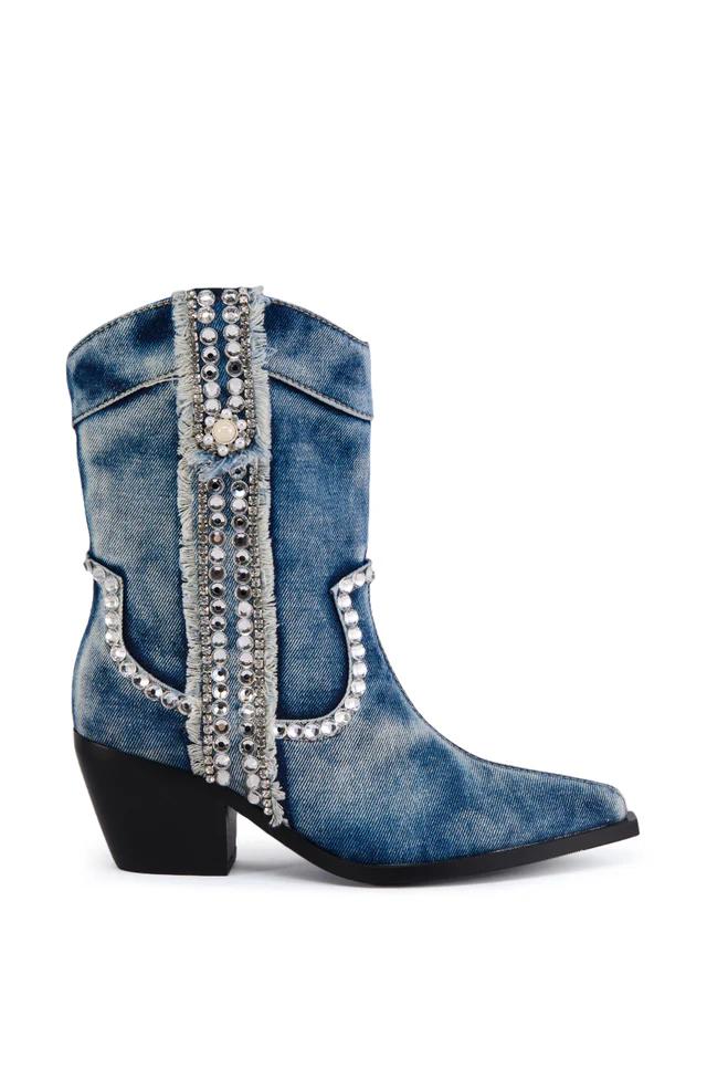 Denim Rhinestone Western Bootle