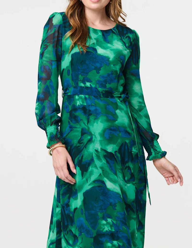 Green Printed Long Sleeve Dress