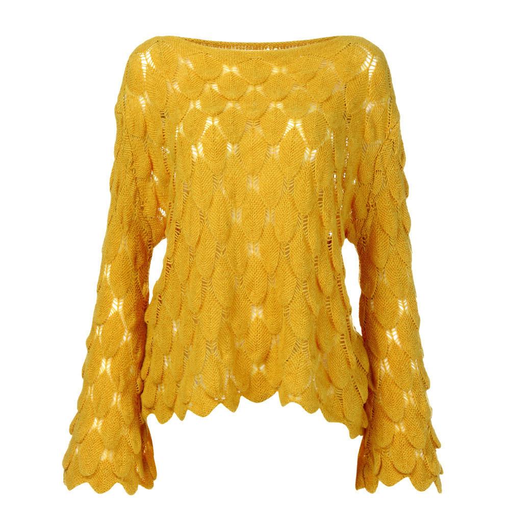 Cutout Flared Sleeve Knit Crew Neck Sweater