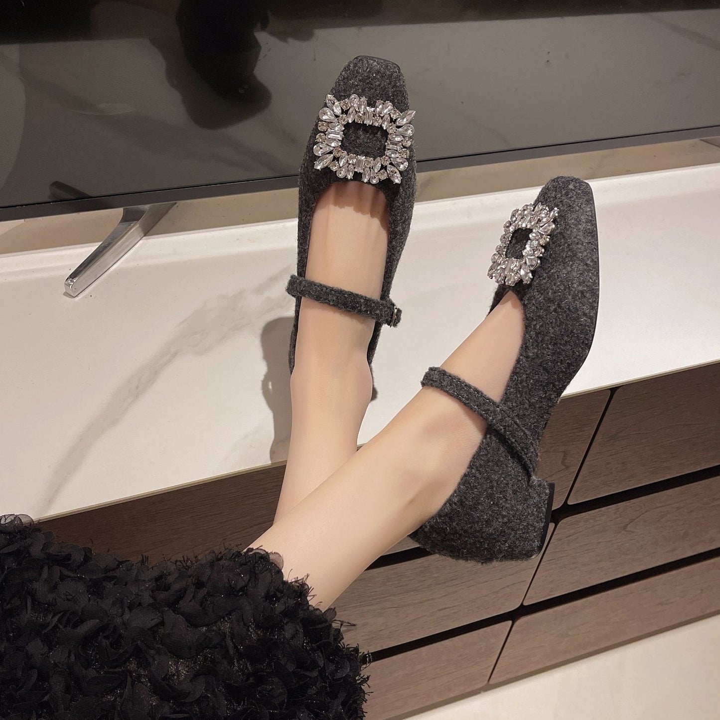 Square Toe Rhinestone Padded Women's Shoes