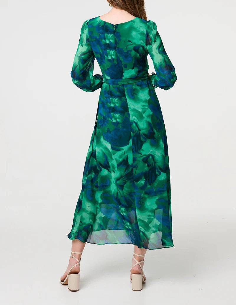 Green Printed Long Sleeve Dress