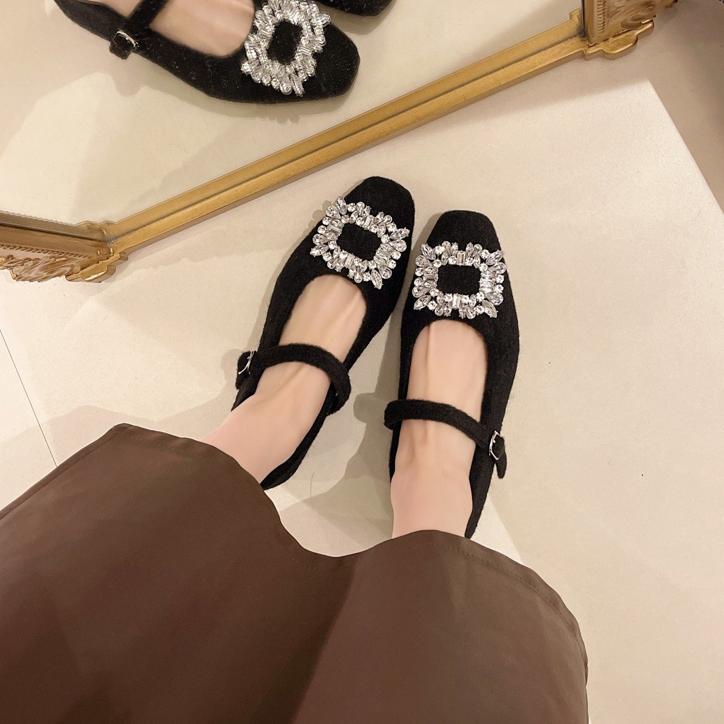 Square Toe Rhinestone Padded Women's Shoes