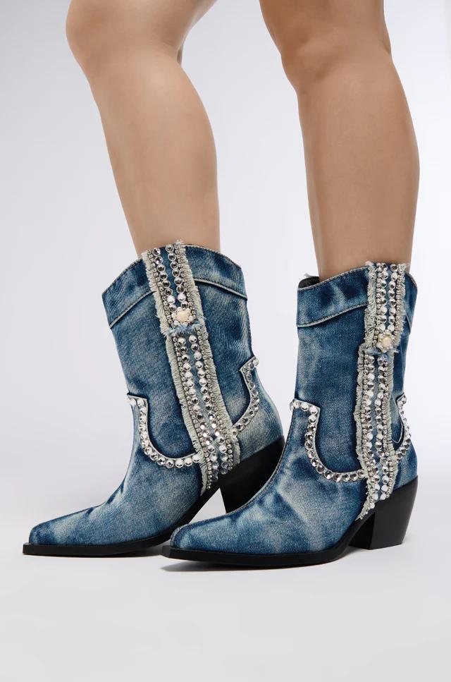 Denim Rhinestone Western Bootle